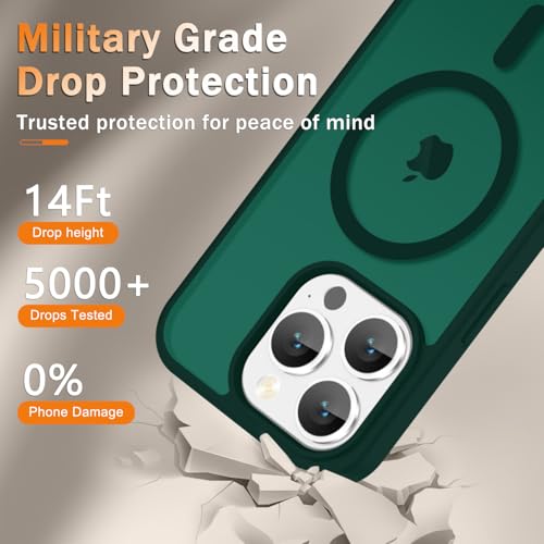 Image of YENAPOON for iPhone 15 Pro Max Case, Matte Magnetic Phone Cover [with 1 Screen Protector] [Support for MagSafe] [Shockproof Military Grade Protection] Translucent Frosted Back, Dark Green