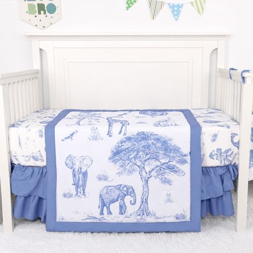 Image of TANOFAR 4-Piece Crib Bedding Set for Baby Boys, Blue Elephant Nursery Bedding Set Includes Comforter, Fitted Crib Sheet, Crib Skirt, and Diaper Stacker, Blue Elephant