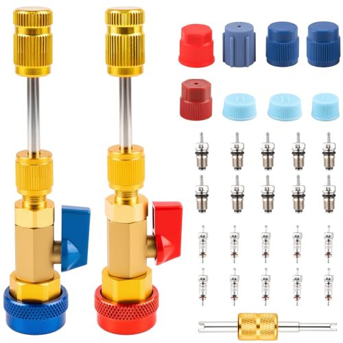 nkpyln 31PCS Professional AC Valve Core Removal Tool for R134A Refrigerant Systems Quick Remover & Installer for High/Low Pressure Ports Includes Valve Core Tool Set Service Port Caps & Stem Kit