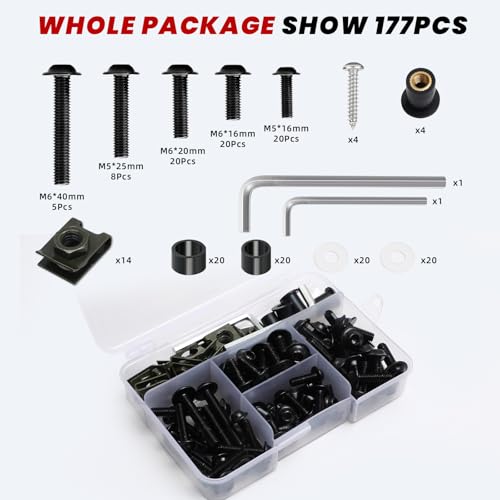 Image of 177Pcs Motorcycle Fairing Bolt Kit, M5 M6 Stainless Steel 304, Black | Windscreen Screws, Fastener Clips, High Strength, Universal Fit for Sportbike Kawasaki Suzuki Honda Yamaha BMW Ducati GSXR