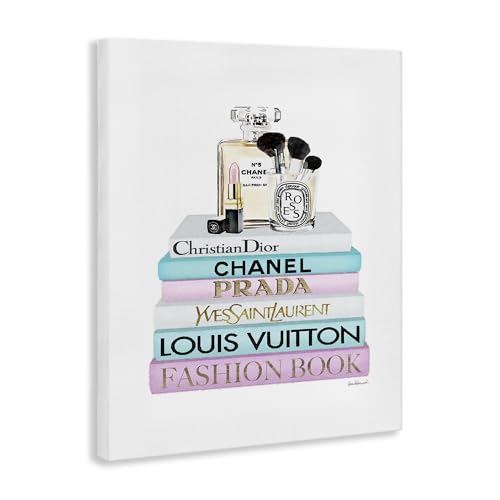 Image of 'Fashion Designer Makeup Bookstack Blue Pink'| Canvas Art | Stupell Industries | 16 x 20 Inches, Easy to Hang and Sturdy, Made in USA, by Amanda Greenwood