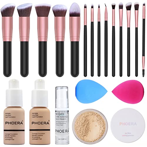 PHOERA Foundation, Full Coverage Foundation, PHOERA Primer, PHOERA Powder, PHOERA Makeup,14 Pcs Makeup Brushes for Foundation Powder Concealers Eye Shadows Makeup ,2 Pcs Makeup Sponge(2 PCS 102# Nude)