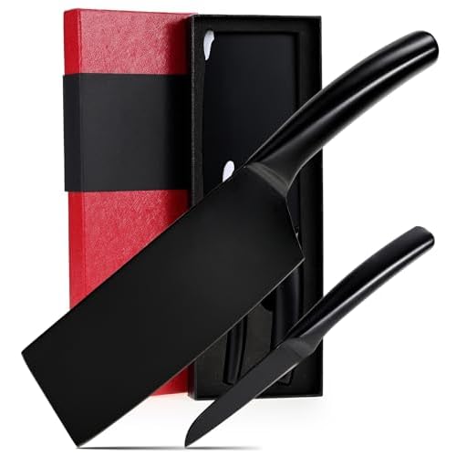SHI BA ZI ZUO 2 Pieces Meat Cleaver and Fruit Knife, Kitchen knives Set,Black Ti Coating Cleaver knives Slicing Knife Paring knives with Hollow Handle