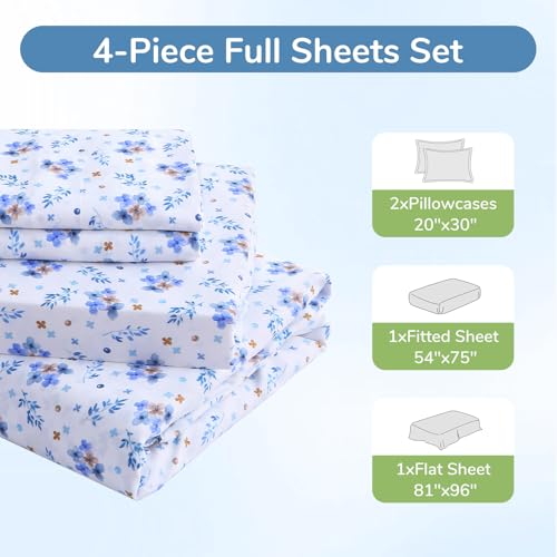 Image of MUXHOMO Full Size 4 Piece Sheet Set, Soft Sheet Set for Bedroom with Deep Pocket Up to 16 inch, Wrinkle-Free Bed Sheet with Flat Sheet, Fitted Sheet & Pillowcases - Shattered Bluebells