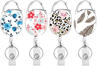 VELLICHOR 4 x Colourful Retractable ID Holders with Clip | Badge Reels Holder Unique Floral Design Lanyard Extending Cord Office Trainee Hospital Keycard or Keys can be Attached