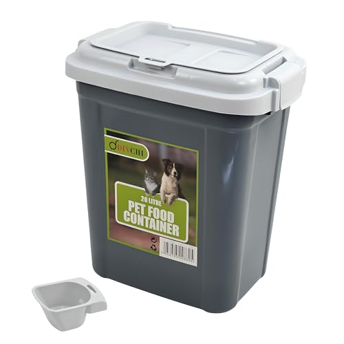 DIVCHI Aufbewahrungsbehälter für Tierfutter, Klappverschluss, mit integrierter Schaufel, Kunststoff, luftdicht, für Haustiere, Hunde, Katzen, Tiere, Trockenfutter, 15 kg, Spenderbehälter (Grau, 20 l)