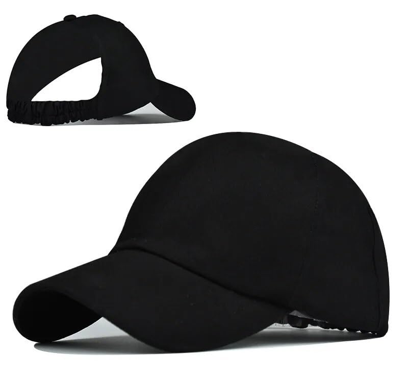 Image of SwooK Stonewash Baseball Ponytail Cap for Womens Girls High Ponytail Bun Cap Hat Half Top Sport Adjustable Cotton Women Girls Summer Sunny Sun Cap Caps (Black)