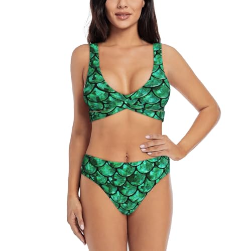 Maillot de bain deux pièces vert motif écailles idéal pour vos vacances à la plage