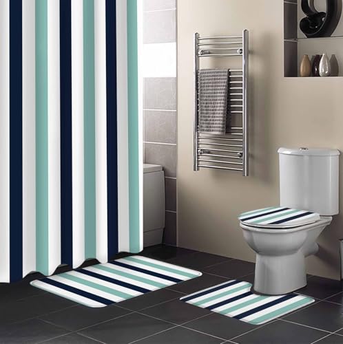 Turquoise Vertical Stripes Bathroom Set with Shower Curtain and Rug Accessories - 36x72 Inches Long Geometric Navy Blue Striped Stall Curtain Waterproof with Large Bath Mat,Washable Runner Rug Set