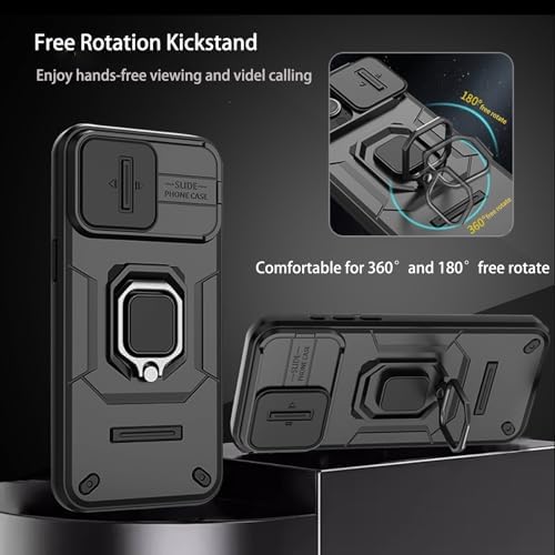 for iPhone 15 Pro Max Case with Sliding Camera Cover and 360° Rotate Ring Kickstand Heavy Duty Protective Shockproof Protective Phone Case for iPhone 15 Pro Max Cover,Black