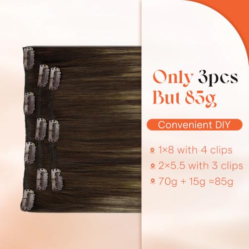 Image of Sunny Hair Clip in Hair Extensions Real Human Hair Brown Balayage | 22 Inch Hair Extensions Clip Ins Medium Brown Balayage Blonde with Lightweight Movement Soft for Braided Hairstyles 85g
