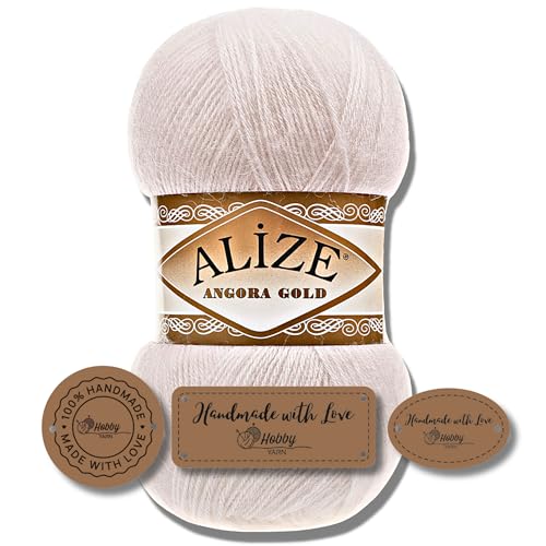 Hobby YARN 3x Etikettenlabel mit Alize Angora Gold Wolle Premium 1x100g als Set, Yarn, Garn, Dünne Mohair aus Schurwolle, Uni, Einfarbig, Strickgarn (599)