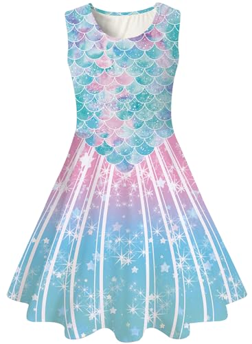 Kids4ever Girls Dresses Mermaid Dress Summer Sleeveless Crew Neck Twirly A-Line Swing Sundress for Party Birthday 4-5 Years