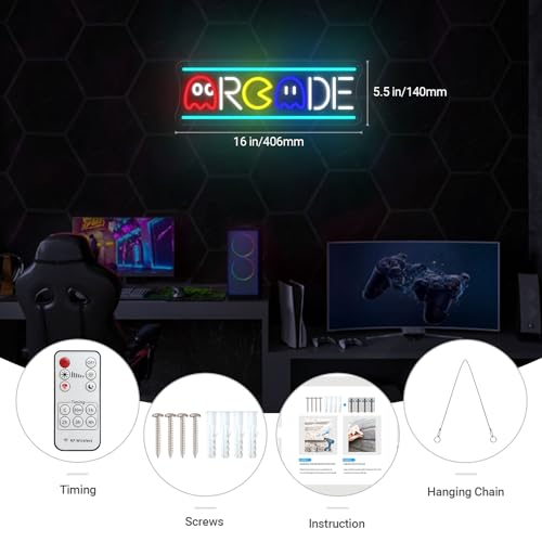 Image of Arcade Neon Sign, Retro Ghost Arcade Game LED Neon Light Sign Dimmable, Handmade 3D Arcade Theme Night Lamp for Teens, Game Room Bedroom Man Cave Basement Home Playroom Birthday Gifts - 16''