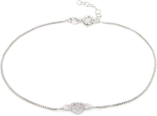 Vanbelle Sterling Silver Jewelry Heart-Shaped Wing Charm Anklet with Cubic Zirconia Stones and Rhodium Plated for Women and Girls