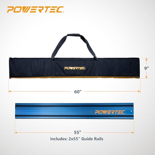 Image of POWERTEC 72154 110 inch Track Saw Guide Rail Joining Set with Protective Bag for Milwaukee Track Saws | Includes 2x55 inch Guide Rails and (2) Guide Rail Connectors for Woodworking Projects