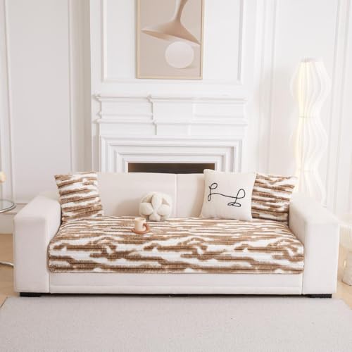 Image of HOMETHREADS 600GSM Thick & Soft Rabbit Fur Plush Sofa Cover-Luxurious Cozy Slipcover, Washable & Pet-Friendly, Anti-Scratch Protector for Sofas (Faux Linning White Brown, 1 Seater Large| 90x70cm)