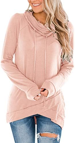 Fallorchid Womens Cowl Neck Tunic Tops Long Sleeve Pullovers Casual Drawstring Sweatshirts Pink