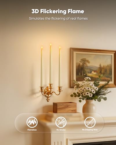 Image of Homemory 15 inches Real Wax Flameless Taper Candles with Remote Timer, 3 Pcs Ivory LED Taper Candles Battery Operated with 3D Flickering Flame, Window Candle Led Candlesticks for Dinners Home Decor