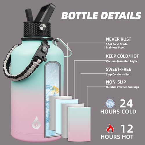 Image of BJPKPK Half Gallon Insulated Water Bottles with 3 Lids and Paracord Strap, 64oz Large, Stainless Steel Water Bottles with Straw Lid, Half Gallon Water Jug,Marshmallow