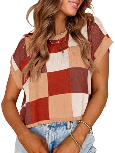 Image of Saodimallsu Womens Cap Sleeve Crop Tops Summer Color Block Going Out Crew Neck Knit Trendy Casual Sweater