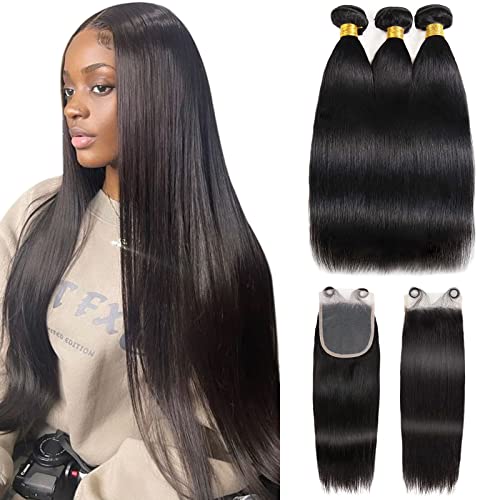 Straight (16 18 20+14) Human Hair Bundles with Closure 3 Bundles with 4×4 Free Part with Baby Hair HD Lace Closure 100% Unprocessed Brazilian 10A Bundles and Frontal Weave Hair Long Straight Natural Color