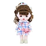 Vinyl Plush Doll, Dolls for Women with Vinyl Face Brown Curly Hair Blue Dress Cute Movable Arms Legs, Princess Figure Kawaii Jointed Dolls Gifts for Collectibles Birthday Christmas Room Décor 8.6 Inch