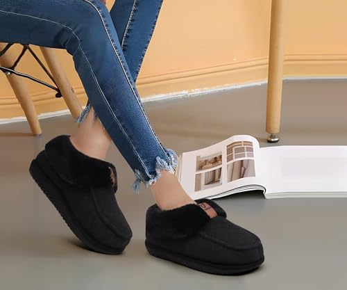 COFACE Women's Arch Support Memory Foam House Slippers Lady Warm Fuzzy Faux Fur Collar Winter Moccasin Shoes with Orthotic Plantar Fasciitis Indoor Outdoor Hard Rubber Sole Black Size 72