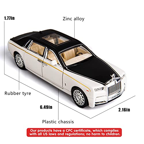 Image of 1:32 Scale Rolls Royce Phantom Toy Car | Metal Pullback Diecast Car for Kids with Openable Doors, Sound, Light Effects Toy for Car Enthusiasts (White)