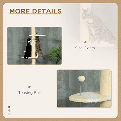 PawHut 260cm Floor to Ceiling Cat Tree, Height Adjustable Kitten Tower with Anti-slip Kit, Multi-Layer Activity Centre w/Fish-shaped Perches Scratching Post Ball Toy - Yellow - Image 5