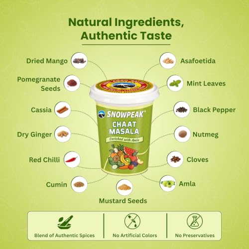 Image of Snowpeak Combo Pack Chaat Masala 50g x 2 + Tea Masala 50g x 2 |Chatpata Chaat Seasoning for Fruits, Snacks & Salads | Aromatic Masala Chai Blend 13 spices | 100% Natural, No Preservatives | Digestive & Refreshing, 200g Total