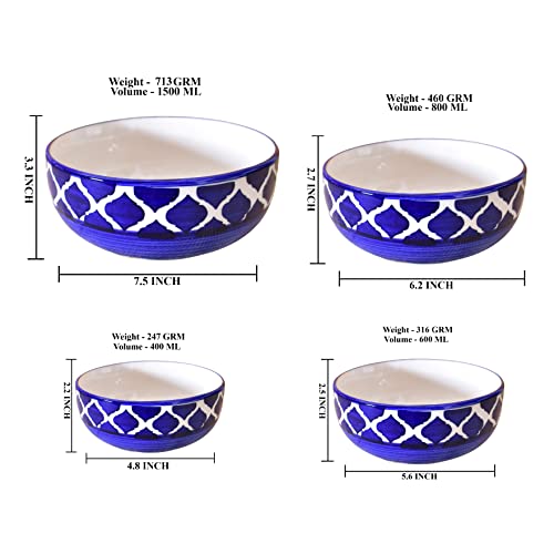 Image of Ceramic Mixing Bowl Set - 4 Pieces (1500ml, 800ml, 600ml, 400ml), Blue Umrao - Durable, Microwave & Dishwasher Safe - Ideal for Mixing, Serving & Storage