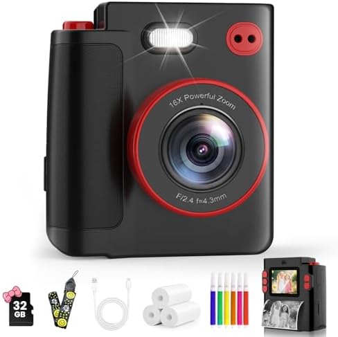 MYSTILUCK Sofortbildkamera Kinder, 1080P HD Kinderkamera Sofortbildkamera | Kamera Kinder Sofortdruck mit 32GB Karte & DruckerPapier,Geburtstag & Weihnachten Geschenke für Jungen/M