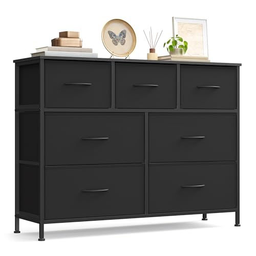 SONGMICS Kommode, Schrank, 7 Stoffschubladen, Aufbewahrungsschrank, Stahl, MDF, Vliesstoff, für Schlafzimmer, Flur, Wohnzimmer, tintenschwarz-ebenholzschwarz LGS323BH03