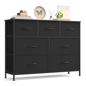 SONGMICS Kommode, Schrank, 7 Stoffschubladen, Aufbewahrungsschrank, Stahl, MDF, Vliesstoff, für Schlafzimmer, Flur, Wohnzimmer, tintenschwarz-ebenholzschwarz LGS323BH03