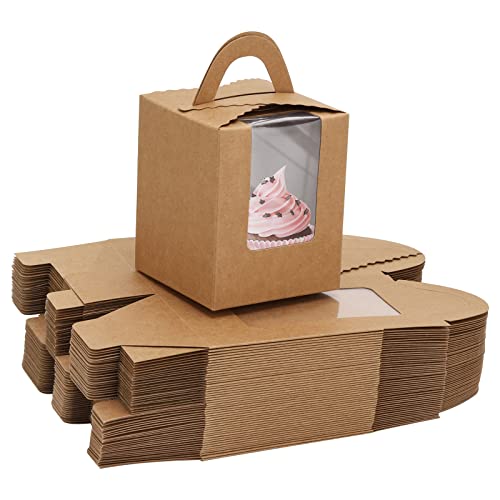 acDesign 100Pcs Cupcake Boxes 3.6in*3.6in*4.3in Single Cupcake Carrier With Window Cupcake Carrier Individual for Bakery Wrapping Party Gift Packing(Kraft)