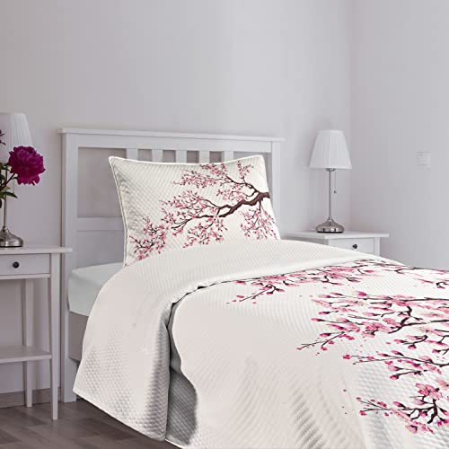 Ambesonne Japanese Bedspread, Branch Of A Flourishing Sakura Tree Flowers Cherry Blossoms Spring Theme Art, Decorative Quilted 2 Piece Coverlet Set With Pillow Sham, Twin Size, Dark Brown #TOP6