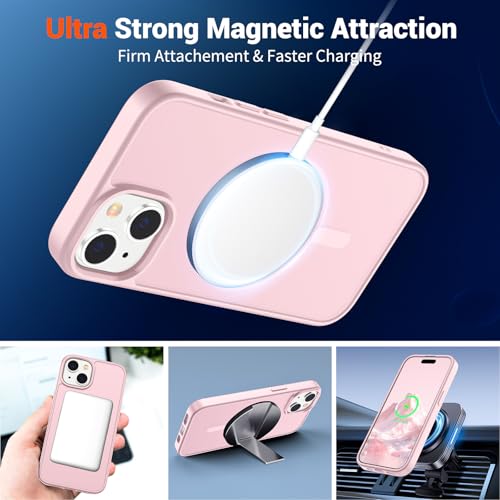 Image of SUPFINE Magnetic for iPhone 15 Case with Screen Protector (Compatible with MagSafe) (Military Grade Drop Protection) Translucent Matte Shockproof Phone Cover,Light Pink