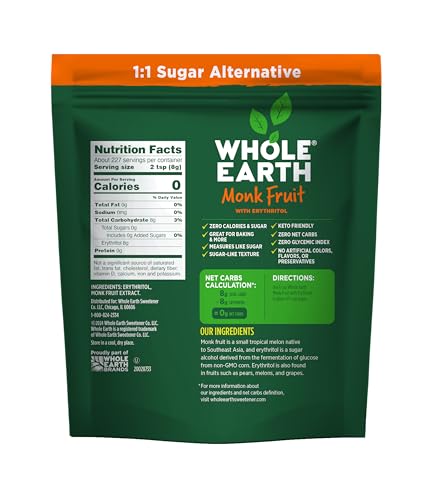WHOLE EARTH Monk Fruit Sweetener with Erythritol, Plant-Based Sugar Alternative, 4LBS