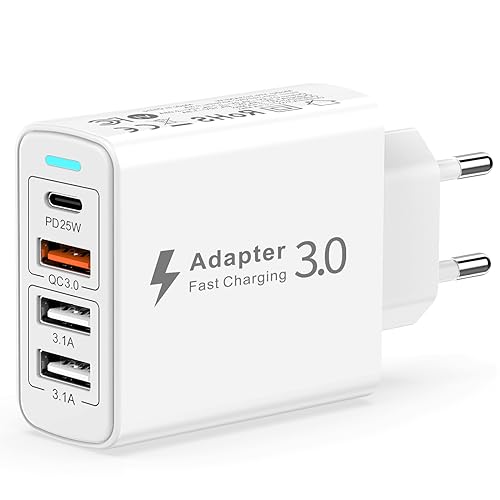 Cargador USB C Carga Rápida 40W,Cargador USB Multiple 4-Port PD+QC3.0 Adaptador Enchufe USB C Cargador Movil Rapido Cargador Tipo C Carga Rapida para iPhone 15/14/13/12/11/XS/8,Samsung S24/S23/S22/S21