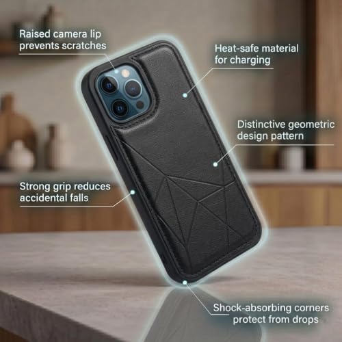 Image of amazon basics Premium Vegan Leather Back Cover with Card Holder and Integrated Mobile Stand for iPhone 12 Pro Max - Slim Shockproof Wallet Case with Geometric Stitching [Black]