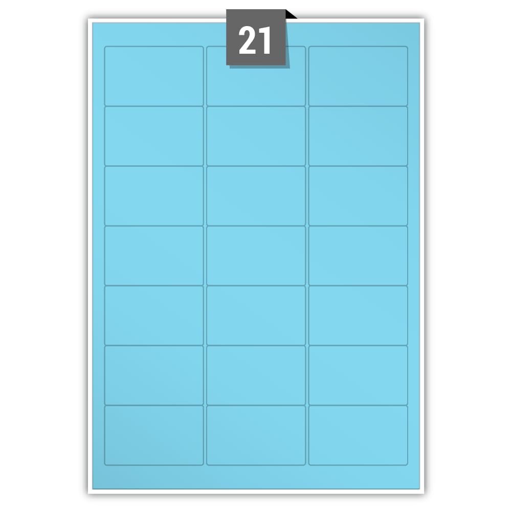 Matt Permanent Adhesive Dry Edge Blue Paper Labels 21 Rectangle Printable Labels per A4 Plain Sheet – Label Paper Size 63.50 mm x 38.10 mm Ideal for Office, Packaging, Shipping