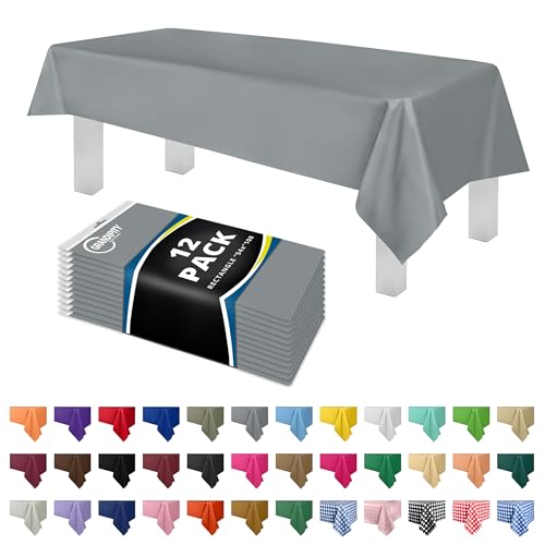 Image of Grandipity Plastic Table Cloth Disposable 12 Pack 54 inch x 108 inch Rectangle | Silver Plastic table covers, durable disposable tablecloths, fade and tear-resistent table cover for party, event