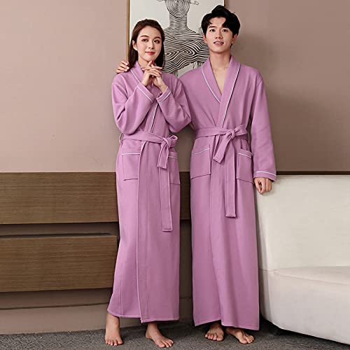 Women Men Kimono Robe, Four Seasons Luxury Pure Cotton Lengthen Bathrobe, with Belt & Pockets V-Neck Hotel Shower Dressing Gowns Gift,Men Purple,XXL2