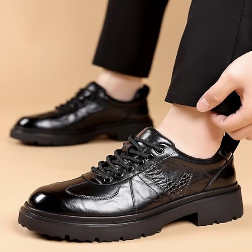 Men's Leather Platform Oxfords Comfort Handmade Round Toe Slip On Non-Slip Lug Sole Lace-Up Formal Derby Shoes Casual Business Work Office Wedding Tuxedo 6