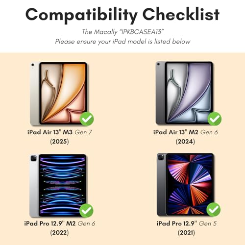 Macally iPad Air 13 Inch Case Keyboard (M3, 2025/M2, 2024) |iPad Pro 12.9 Keyboard Case (5/6th Gen) with Large Trackpad, Multi Angle View Stand Apple Pencil Holder, Backlit, Detachable