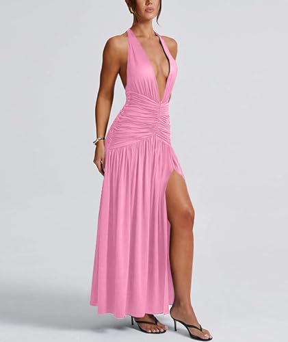 Image of Ekaliy Women's Sexy Halter Deep V Neck Maxi Dress Sleeveless Backless High Slit Ruched Long Dress Summer Party Cocktail Dress