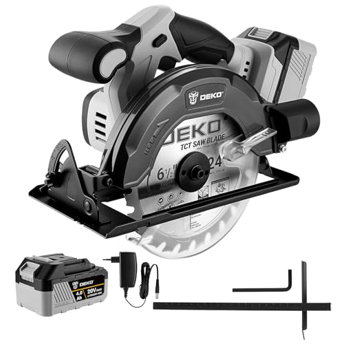 Handkreissäge Akku: DEKOPRO 20V Akku Kreissäge, 4500 U/min, Sägeblatt Ø165mm (24T), maximale Schnitttiefe 55mm (90°), 33mm (45°), ideal zum Schneiden von Holz (4,0 Ah Akku im Lieferumfang enthalten)