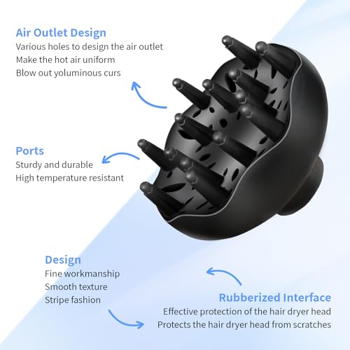 Diffuser Attachment for Hair Dryer, Blow Dryer Nozzle-Specific Hair Diffuser for Curly Hair and Natural Wavy Hair, Suitable for Hair Dryers 4.0-4.4cm (Black)
