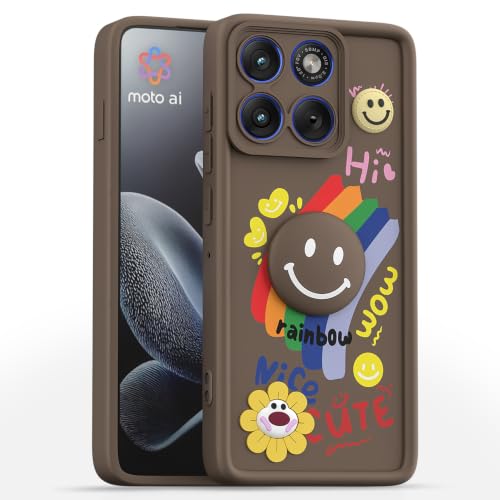 Image of Pikkme Back Cover for Motorola Moto Edge 70 5G | Soft Silicone| Cute Rainbow Smile & 3D Cartoon Flower Design | Shockproof Raised Camera Protection Bumper Case (Brown)
